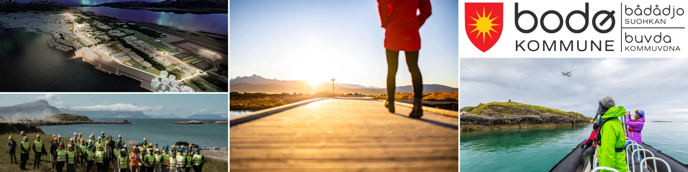 Banner med ulike bilder. Illustrasjon over ny flyplass. Befaring av område. Person i rød jakke går tur. Ribbtur ved ørn.